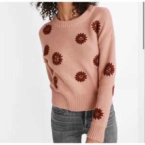 Madewell Flower Embroidered Pullover Sweater size Medium Peach Pink Merino Wool